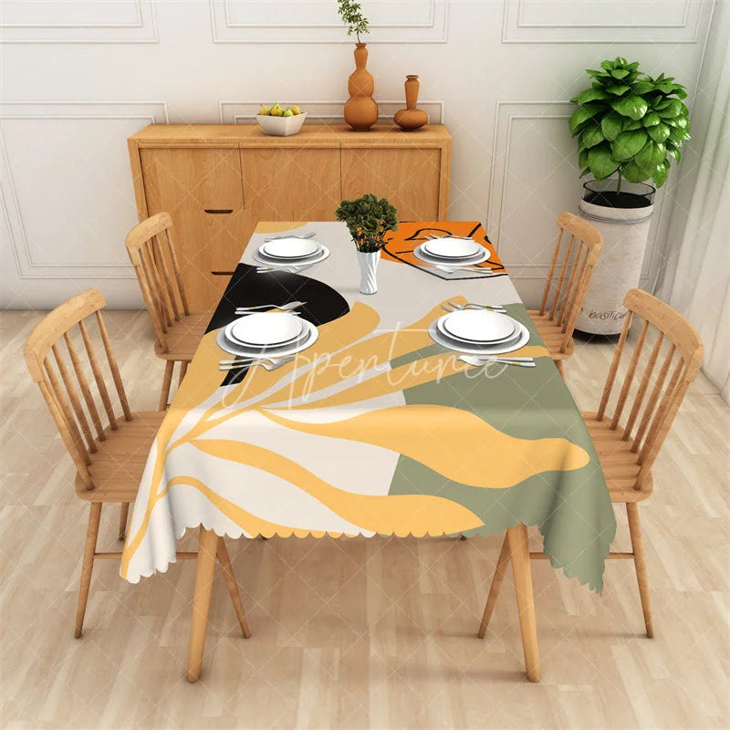 Aperturee - Aperturee Abstract Organic Botanical Rectangle Tablecloth with Scalloped Edge Yellow Green Black Orange Dining Decor