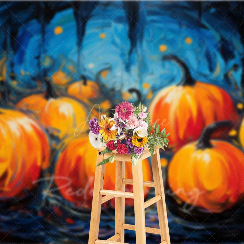Aperturee Aperturee Abstract Pumpkin Patch Oil Painting Backdrop Moody Blue and Orange Halloween Fine Art Style Photography Prop