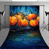 Aperturee Aperturee Abstract Pumpkin Patch Oil Painting Sweep Backdrop with Floor Moody Blue and Orange Halloween Photography Prop