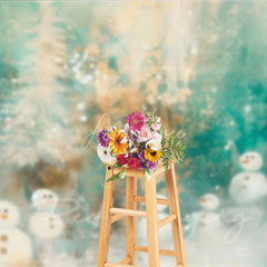 Aperturee - Aperturee Abstract Snowman Photography Backdrop Painterly Winter Forest in Teal and Gold Whimsical Christmas Decor
