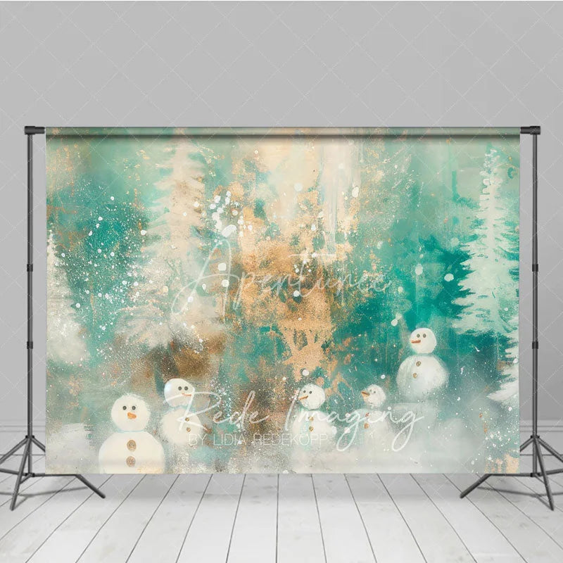 Aperturee - Aperturee Abstract Snowman Photography Backdrop Painterly Winter Forest in Teal and Gold Whimsical Christmas Decor