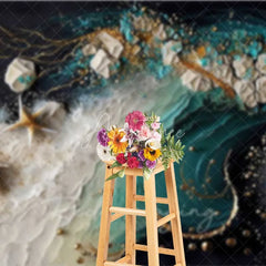 Aperturee - Aperturee Abstract Teal Ocean Wave and Gold Starfish Backdrop Summer Beach Photography Background Party Decor