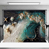 Aperturee - Aperturee Abstract Teal Ocean Wave and Gold Starfish Backdrop Summer Beach Photography Background Party Decor