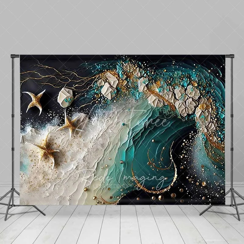 Aperturee - Aperturee Abstract Teal Ocean Wave and Gold Starfish Backdrop Summer Beach Photography Background Party Decor