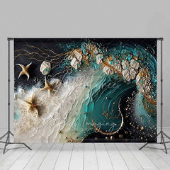 Aperturee - Aperturee Abstract Teal Ocean Wave and Gold Starfish Backdrop Summer Beach Photography Background Party Decor