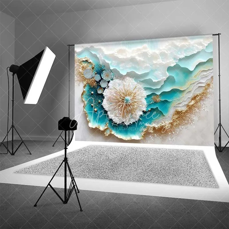 Aperturee - Aperturee Abstract Teal Ocean Waves and Gold Sand Backdrop Summer Beach Art Photography Background Party Decor