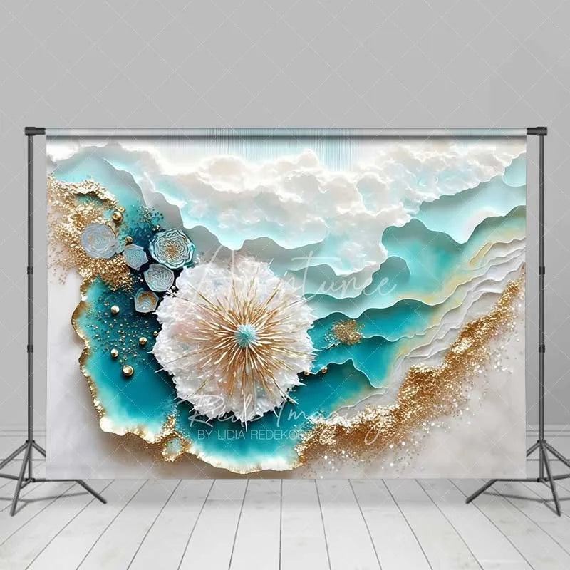 Aperturee - Aperturee Abstract Teal Ocean Waves and Gold Sand Backdrop Summer Beach Art Photography Background Party Decor