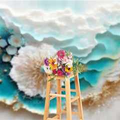 Aperturee - Aperturee Abstract Teal Ocean Waves and Gold Sand Backdrop Summer Beach Art Photography Background Party Decor