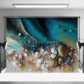 Aperturee - Aperturee Abstract Teal Water and Golden Sand Beach Backdrop Seashell Photography Background Summer Party Decor