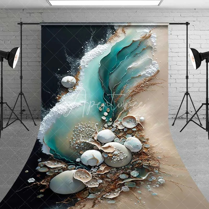 Aperturee - Aperturee Abstract Teal Water Flow and Sand Backdrop White Shells and Pearls Elegant Beach Photography Background