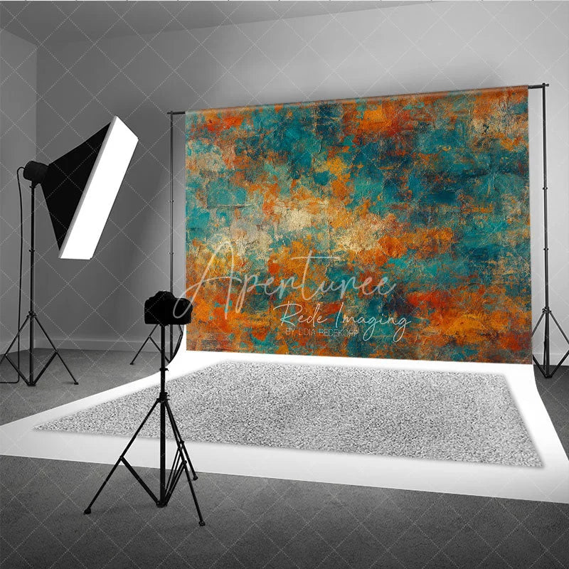 Aperturee - Aperturee Abstract Textured Photography Backdrop with Rustic Teal Orange and Gold Grunge Art