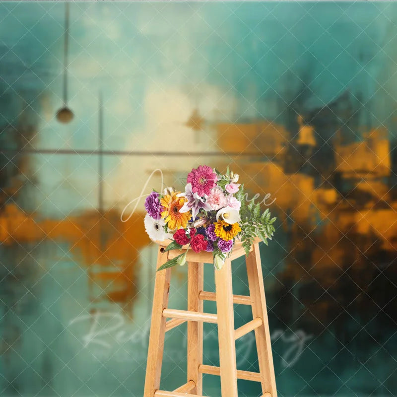 Aperturee - Aperturee Abstract Textured Teal and Golden Orange Photography Backdrop with Dark Blue Brushstrokes and Modern Art Style