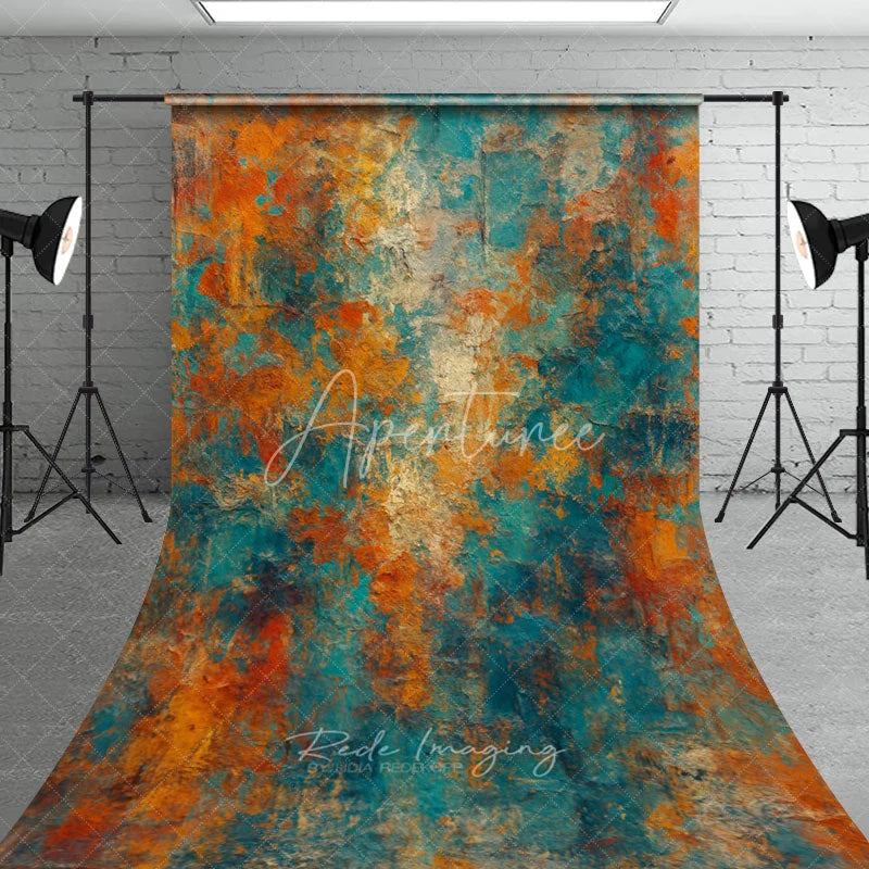 Aperturee - Aperturee Abstract Textured Teal Orange and Gold Sweep Backdrop Rustic Distressed Painterly Art Background