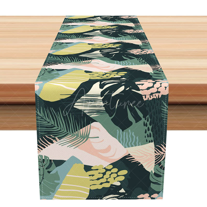 Aperturee - Aperturee Abstract Tropical Table Runner with Green Monstera Plant Print for Summer Dining and Kitchen Table Decor