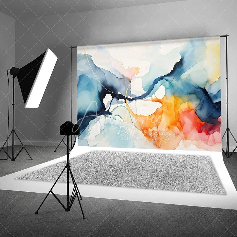 Aperturee - Aperturee Abstract Watercolor Fluid Art Photography Backdrop Modern Blue Orange and Gold Swirls for Artistic Portraits