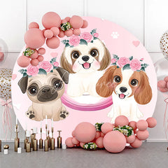 Aperturee - Aperturee Adorable Cartoon Puppies with Pink Floral Wreaths Round Backdrop Sweet Pet Themed Birthday Party and Baby Shower Decor