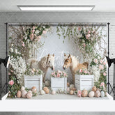 Aperturee - Aperturee Adorable Pony Pair Easter Eggs Floral Decor Backdrop