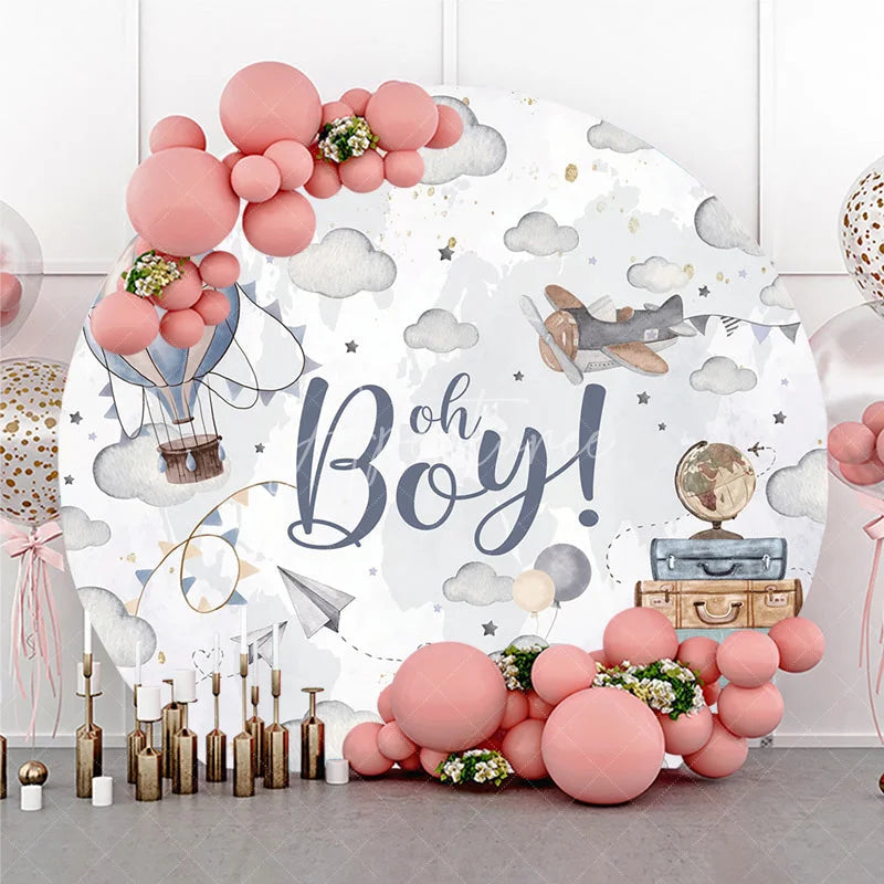 Aperturee - Aperturee Adventure Awaits Oh Boy Round Backdrop Hot Air Balloon and Airplane Baby Shower Party Decoration
