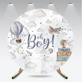 Aperturee - Aperturee Adventure Awaits Oh Boy Round Backdrop Hot Air Balloon and Airplane Baby Shower Party Decoration