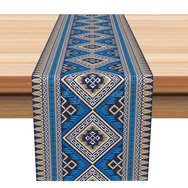 Aperturee - Aperturee Aesthetic Aztec Tribal Table Runner in Blue for Modern Bohemian and Southwest Style Dining Decor
