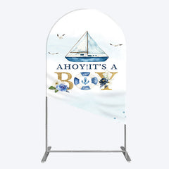 Aperturee - Aperturee Ahoy Boy Seagulls Boat Baby Shower Arch Backdrop