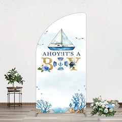 Aperturee - Aperturee Ahoy Boy Seagulls Boat Baby Shower Half Moon Arch Backdrop