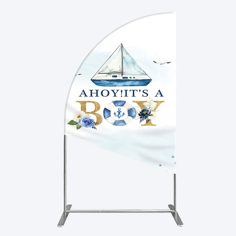 Aperturee - Aperturee Ahoy Boy Seagulls Boat Baby Shower Half Moon Arch Backdrop
