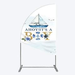 Aperturee - Aperturee Ahoy Boy Seagulls Boat Baby Shower Half Moon Arch Backdrop