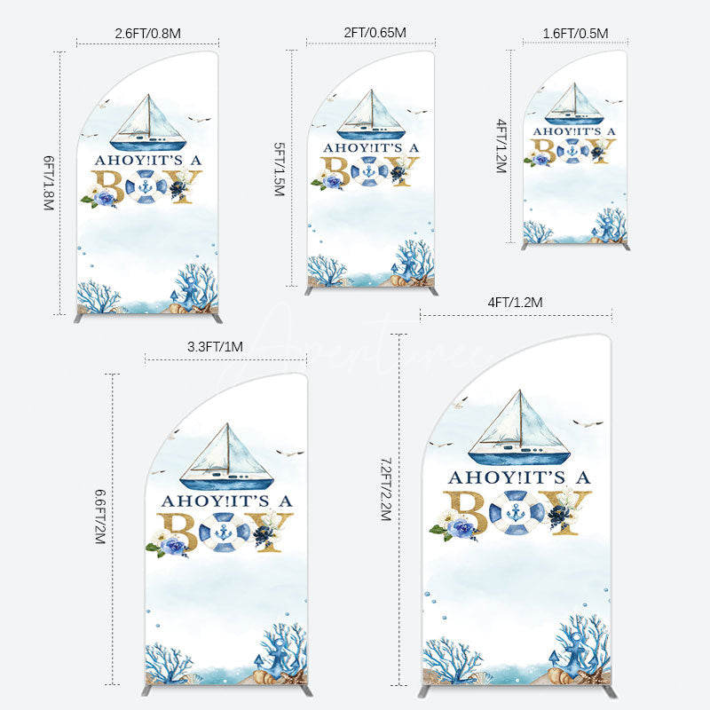 Aperturee - Aperturee Ahoy Boy Seagulls Boat Baby Shower Half Moon Arch Backdrop