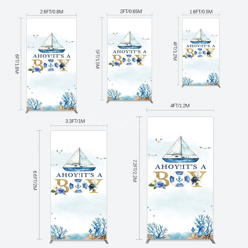 Aperturee - Aperturee Ahoy Boy Seagulls Boat Baby Shower Rectangle Backdrop