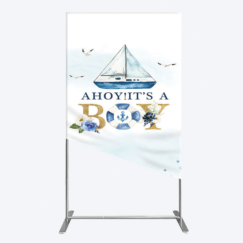 Aperturee - Aperturee Ahoy Boy Seagulls Boat Baby Shower Rectangle Backdrop