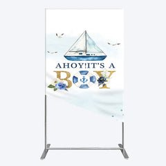 Aperturee - Aperturee Ahoy Boy Seagulls Boat Baby Shower Rectangle Backdrop
