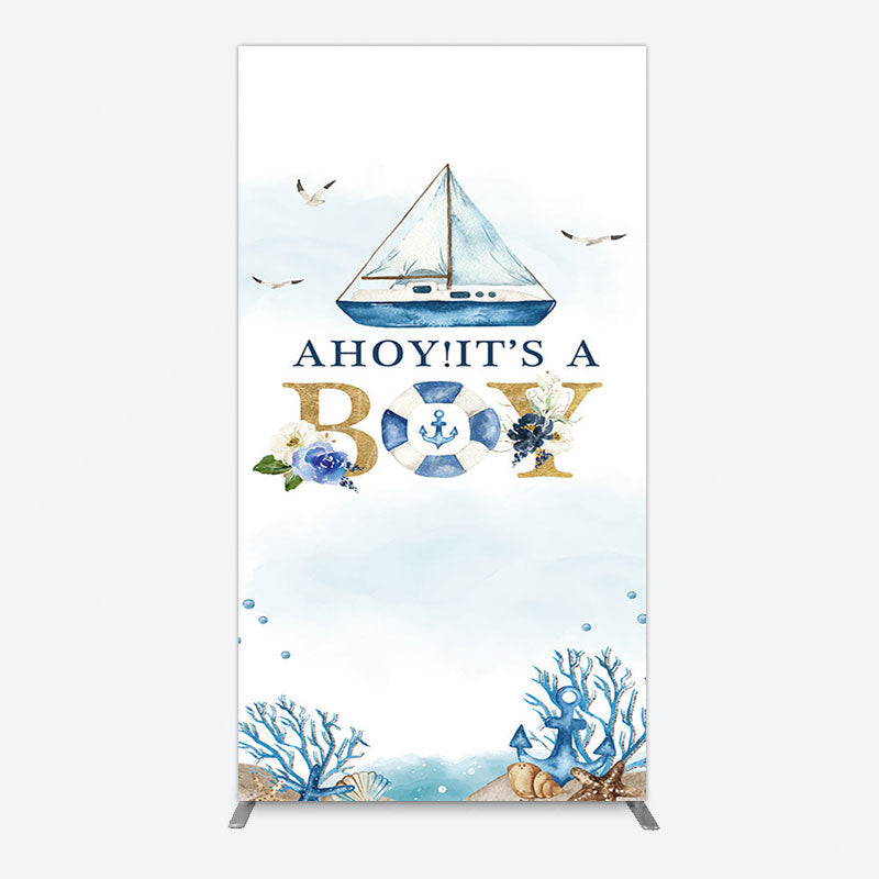 Aperturee - Aperturee Ahoy Boy Seagulls Boat Baby Shower Rectangle Backdrop