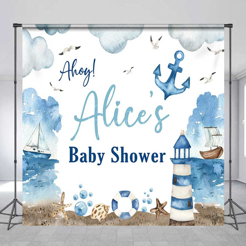 Aperturee - Aperturee Ahoy It’s a Boy Custom Nautical Baby Shower Backdrop Lighthouse and Anchor Ocean Themed Welcome Sign Decor
