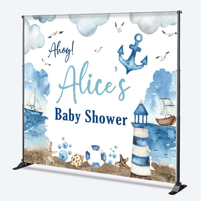 Aperturee - Aperturee Ahoy It’s a Boy Custom Nautical Baby Shower Backdrop Lighthouse and Anchor Ocean Themed Welcome Sign Decor