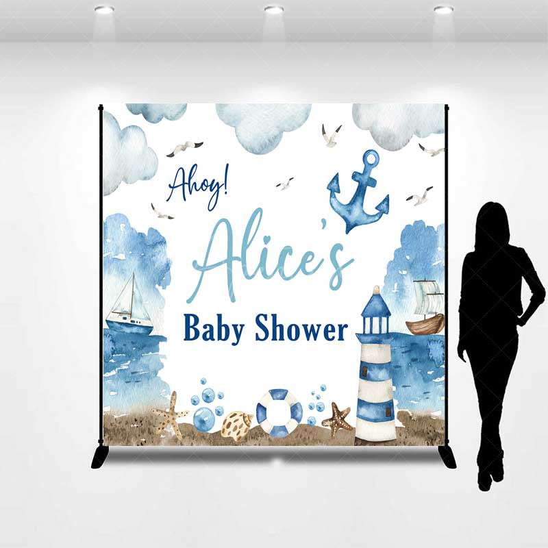 Aperturee - Aperturee Ahoy It’s a Boy Custom Nautical Baby Shower Backdrop Lighthouse and Anchor Ocean Themed Welcome Sign Decor