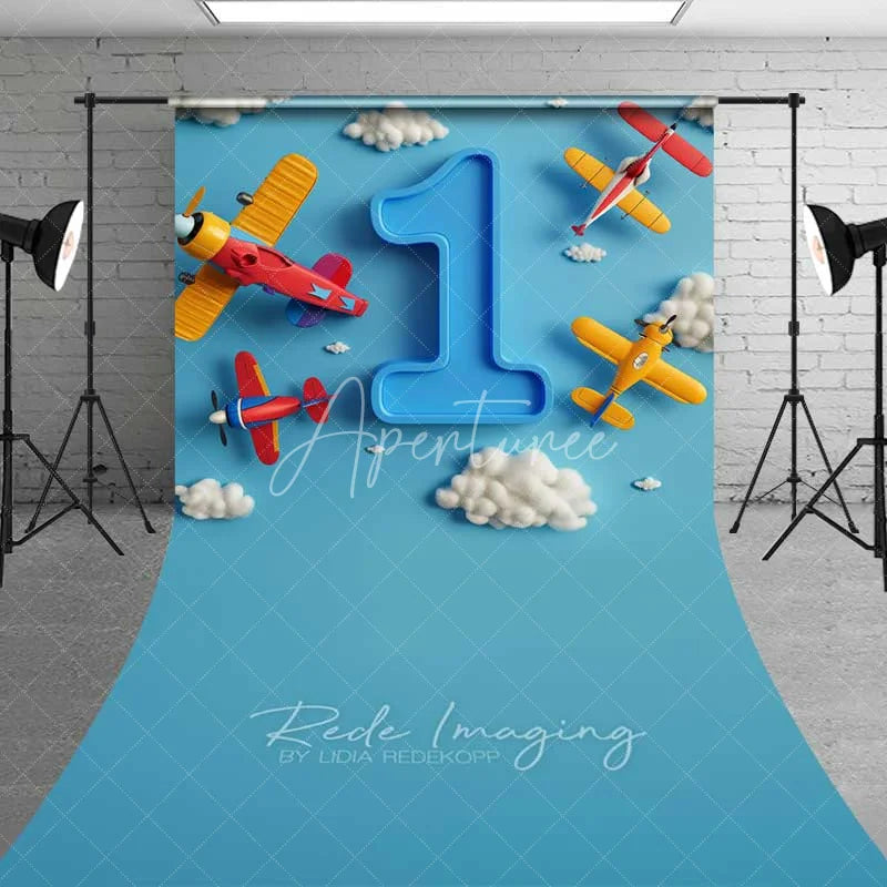 Aperturee - Aperturee Airplane 1st Birthday Sweep Photo Backdrop Blue Sky Cloud Pilot Cake Smash Background Cartoon Plane Boy Floor Prop
