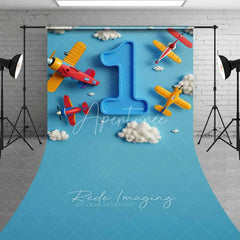 Aperturee - Aperturee Airplane 1st Birthday Sweep Photo Backdrop Blue Sky Cloud Pilot Cake Smash Background Cartoon Plane Boy Floor Prop