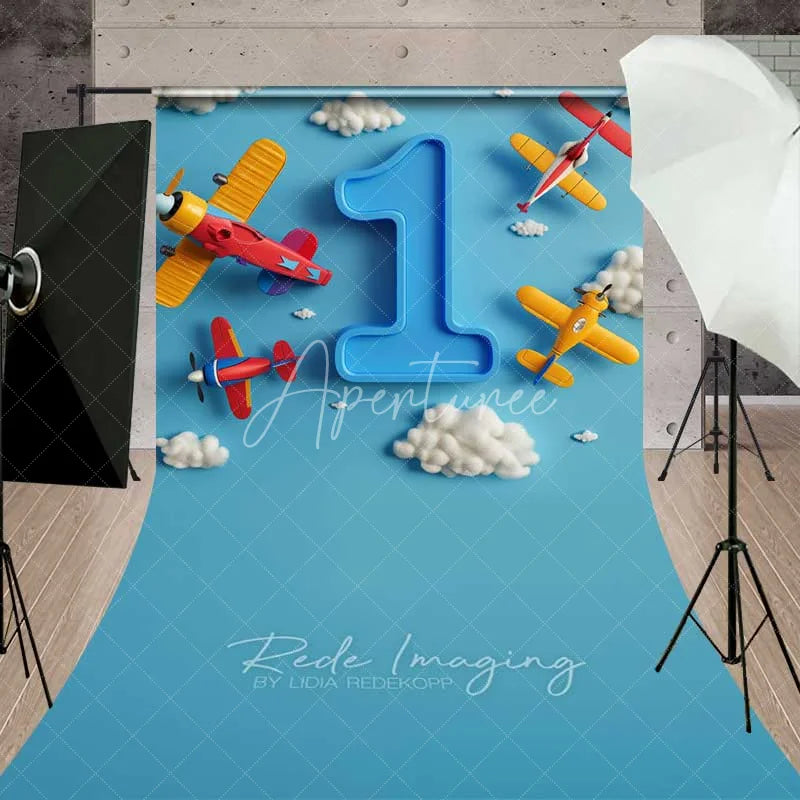 Aperturee - Aperturee Airplane 1st Birthday Sweep Photo Backdrop Blue Sky Cloud Pilot Cake Smash Background Cartoon Plane Boy Floor Prop