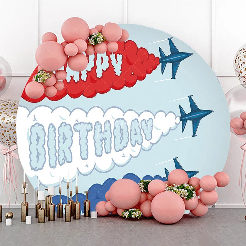Aperturee - Aperturee Airplane Fighter Jet Round Backdrop Red White and Blue Smoke Party Supplies for Birthday