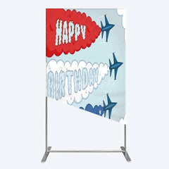 Aperturee - Aperturee Airplane Jet Happy Birthday Rectangle Backdrop Red White and Blue Aviation Theme Party Background