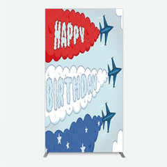 Aperturee - Aperturee Airplane Jet Happy Birthday Rectangle Backdrop Red White and Blue Aviation Theme Party Background