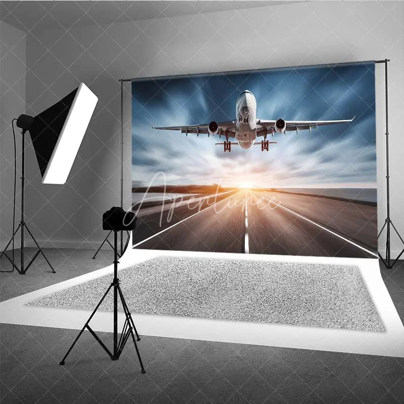 Aperturee - Aperturee Airplane Runway Backdrop Large Passenger Plane Taking Off Sky Photography Background Travel Theme Party Decoration