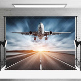 Aperturee - Aperturee Airplane Runway Backdrop Large Passenger Plane Taking Off Sky Photography Background Travel Theme Party Decoration