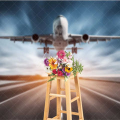 Aperturee - Aperturee Airplane Runway Backdrop Large Passenger Plane Taking Off Sky Photography Background Travel Theme Party Decoration