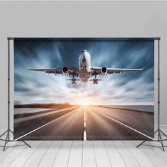 Aperturee - Aperturee Airplane Runway Backdrop Large Passenger Plane Taking Off Sky Photography Background Travel Theme Party Decoration