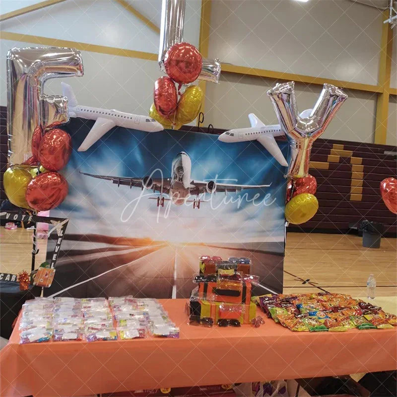 Aperturee - Aperturee Airplane Runway Backdrop Large Passenger Plane Taking Off Sky Photography Background Travel Theme Party Decoration