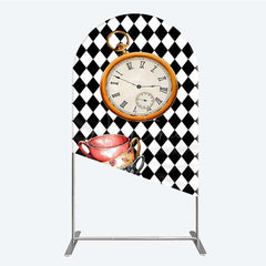 Aperturee - Aperturee Alice in Wonderland Inspired Birthday Arch Backdrop Mad Hatter Tea Party with Clock Whimsical Photo Prop Decor