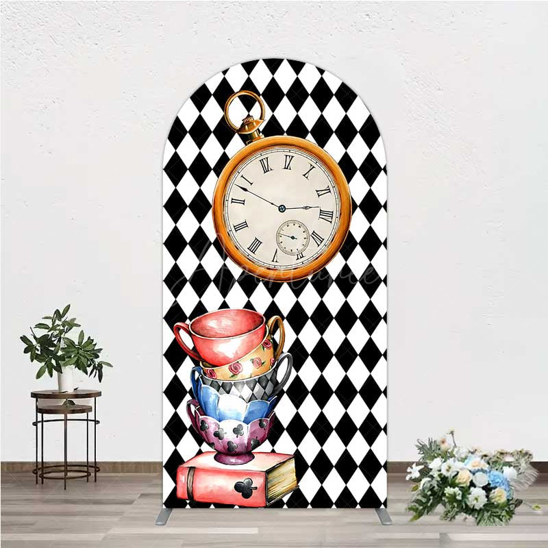 Aperturee - Aperturee Alice in Wonderland Inspired Birthday Arch Backdrop Mad Hatter Tea Party with Clock Whimsical Photo Prop Decor