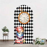 Aperturee - Aperturee Alice in Wonderland Inspired Birthday Arch Backdrop Mad Hatter Tea Party with Clock Whimsical Photo Prop Decor